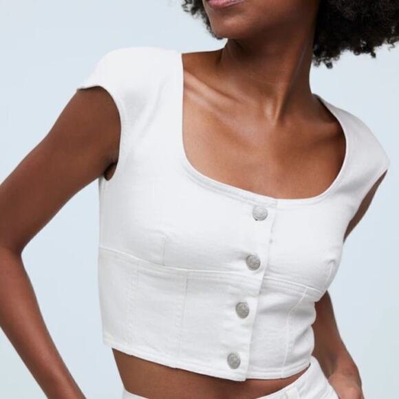Madewell Denim Darted Crop Top Sleeveless Button Front Tank Tile White NWT 6 - Picture 1 of 12